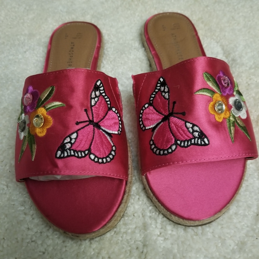 Butterfly Hot Pink Embroidered Satin Espadrille